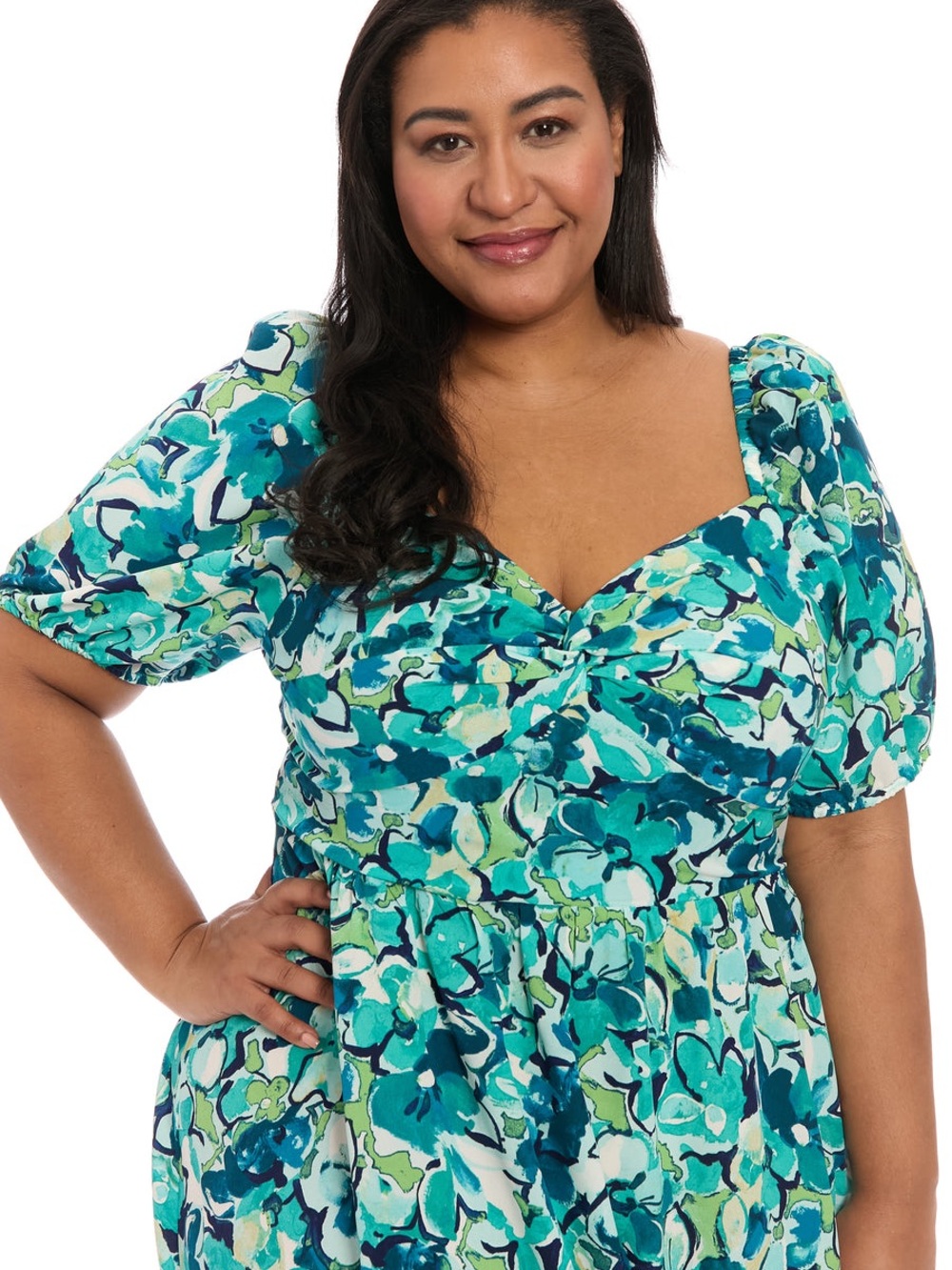 London Times Teal Floral Midi Dress with Puff Sleeves